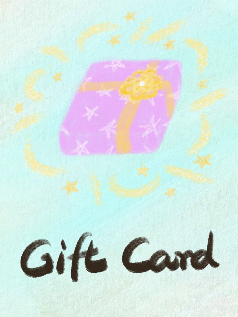 RTEM gift card illustration featuring a pastel purple present wrapped with a golden ribbon, surrounded by yellow stars and sparkling swirls on a pale mint background, with handwritten “Gift Card” lettering below.