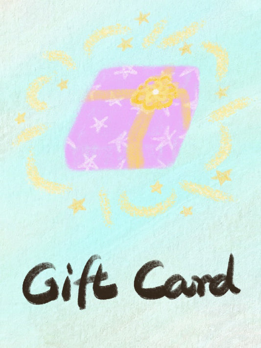 RTEM gift card illustration featuring a pastel purple present wrapped with a golden ribbon, surrounded by yellow stars and sparkling swirls on a pale mint background, with handwritten “Gift Card” lettering below.
