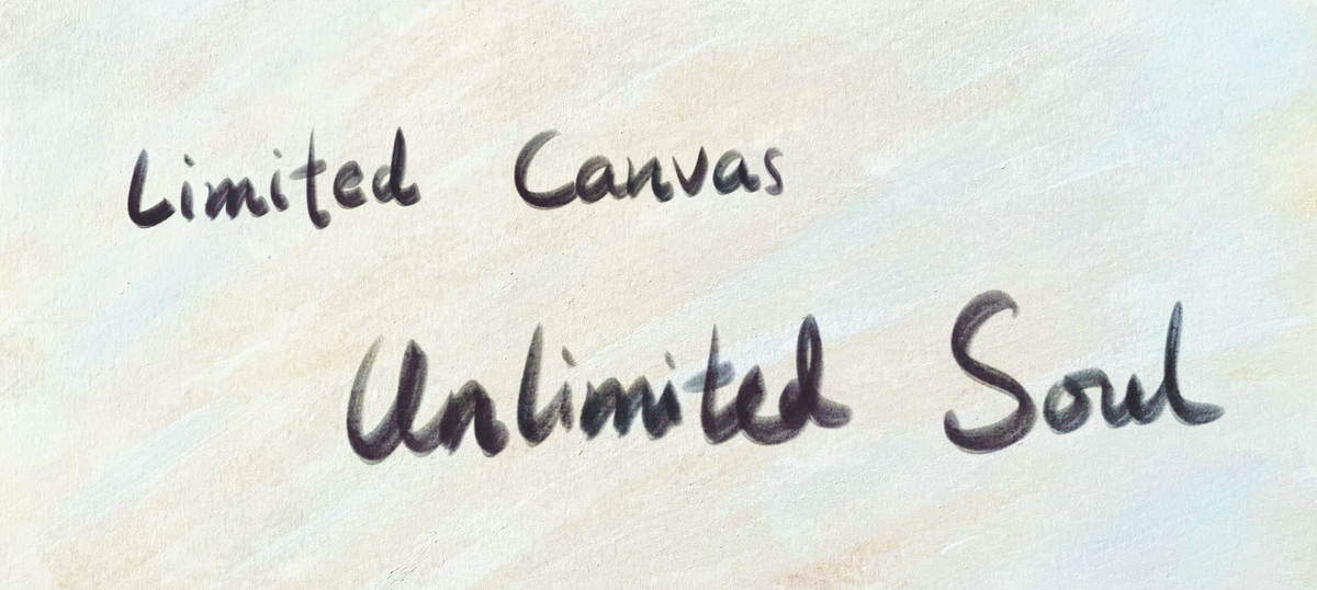 RTEM's handwritten brand motto, “Limited Canvas, Unlimited Soul,” in dark brush lettering on a softly textured, pale background.