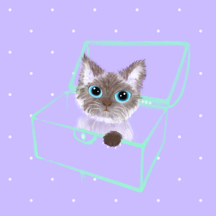 Original hand-drawn digital illustration of a fluffy, blue-eyed Siamese kitten peeking out of an open treasure box outlined in mint green, against a lavender background with white polka dots. Artwork by RTEM.