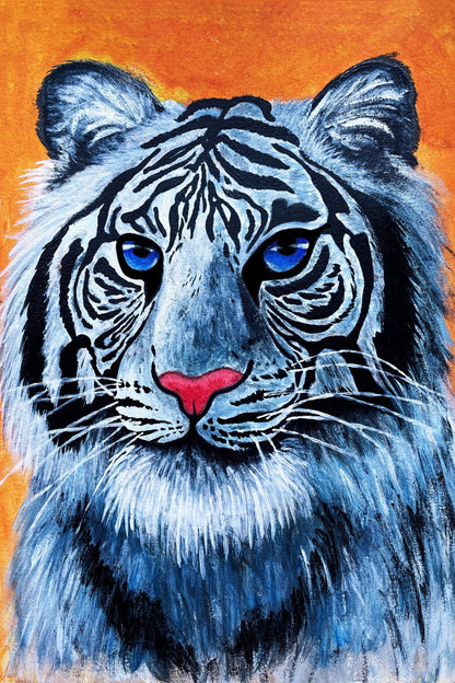 Original acrylic painting titled “Adorable Courage” by RTEM, featuring a close-up portrait of a white tiger with vivid blue eyes, bold black stripes, a bright pink nose, and expressive brushstrokes against a warm orange background.